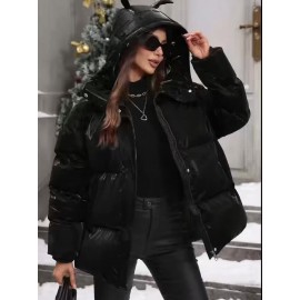 Women's Winter Hooded Jacket - Non-Stretch Outer Coat, Full-Length Zipper Front Closure, Machine Washable Cold Weather Outerwear for Everyday & Formal Events - Women's Outerwear, Ladies Winter Coats, Sleek Fabric Design, Classic Coat, Durable Material, Professional Women