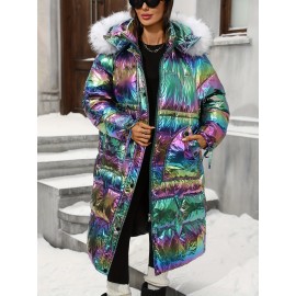 Plus Size - Plus Size, Women'S Plus Size Winter Jacket - Elegant Hooded Coat with Full-Zip Closure, Non-Stretch Fabric, Long Sleeve Cold Weather Outerwear, Plus Size Friendly (no Belt Needed) - Elegant Outerwear For Everyday & Formal Eve