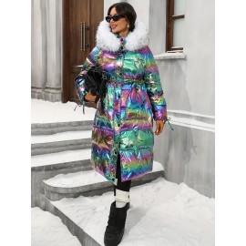 Plus Size - Plus Size, Women'S Plus Size Winter Jacket - Elegant Hooded Coat with Full-Zip Closure, Non-Stretch Fabric, Long Sleeve Cold Weather Outerwear, Plus Size Friendly (no Belt Needed) - Elegant Outerwear For Everyday & Formal Eve