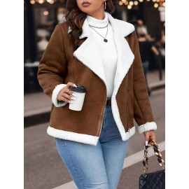 Plus Size Women'S Color Block Lapel Collar Zip-Up Jacket - Warm Fleece-Lined Casual Outerwear with Front Pockets, Solid Color Design for Fall/Winter, Cozy Layering Piece, Winter Jacket, Fall Fashion, Sporty Style, Durable Fabric