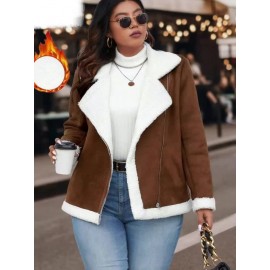 Plus Size Women'S Color Block Lapel Collar Zip-Up Jacket - Warm Fleece-Lined Casual Outerwear with Front Pockets, Solid Color Design for Fall/Winter, Cozy Layering Piece, Winter Jacket, Fall Fashion, Sporty Style, Durable Fabric
