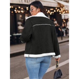 Plus Size Women'S Color Block Lapel Collar Zip-Up Jacket - Warm Fleece-Lined Casual Outerwear with Front Pockets, Solid Color Design for Fall/Winter, Cozy Layering Piece, Winter Jacket, Fall Fashion, Sporty Style, Durable Fabric