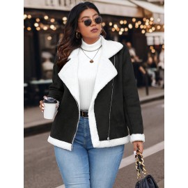Plus Size Women'S Color Block Lapel Collar Zip-Up Jacket - Warm Fleece-Lined Casual Outerwear with Front Pockets, Solid Color Design for Fall/Winter, Cozy Layering Piece, Winter Jacket, Fall Fashion, Sporty Style, Durable Fabric