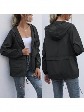 Women's Water-Resistant Hooded Jacket - Solid Color, Zip-Up with Drawstring Detail, Casual Polyester Coat for Spring/Fall, Machine Washable - Sizes L to XXL