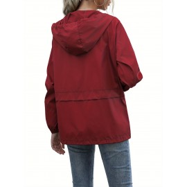 Women's Water-Resistant Hooded Jacket - Solid Color, Zip-Up with Drawstring Detail, Casual Polyester Coat for Spring/Fall, Machine Washable - Sizes L to XXL