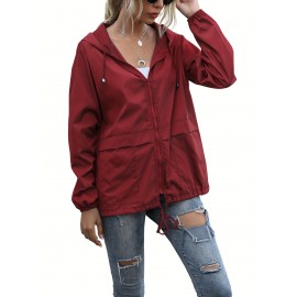 Women's Water-Resistant Hooded Jacket - Solid Color, Zip-Up with Drawstring Detail, Casual Polyester Coat for Spring/Fall, Machine Washable - Sizes L to XXL