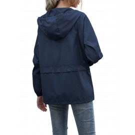 Women's Water-Resistant Hooded Jacket - Solid Color, Zip-Up with Drawstring Detail, Casual Polyester Coat for Spring/Fall, Machine Washable - Sizes L to XXL