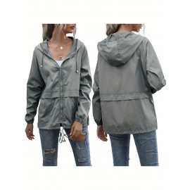 Women's Water-Resistant Hooded Jacket - Solid Color, Zip-Up with Drawstring Detail, Casual Polyester Coat for Spring/Fall, Machine Washable - Sizes L to XXL