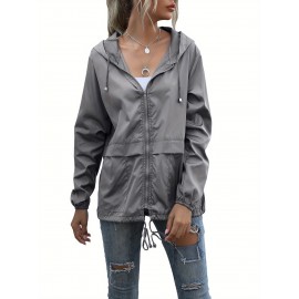 Women's Water-Resistant Hooded Jacket - Solid Color, Zip-Up with Drawstring Detail, Casual Polyester Coat for Spring/Fall, Machine Washable - Sizes L to XXL