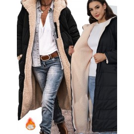 Women'S Plus Size Hooded Winter Coat, Solid Color Polyester 100% Long Sleeve Thick Warm Windproof Casual Street Style Jacket with Pockets, Non-Stretch Woven Fabric, for Autumn and Winter