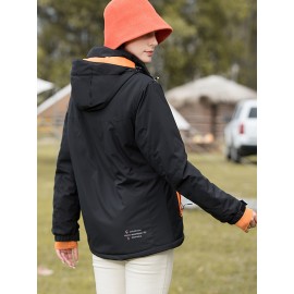 1pc Women'S Windproof Water-Resistant Breathable Casual Outdoor Sports Jacket, 100% Polyester Hooded Thickened Climbing Coat, Long Sleeve Winter Sports Apparel with Zipper and Alphabet Pattern