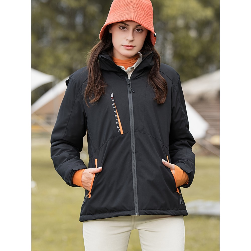 1pc Women'S Windproof Water-Resistant Breathable Casual Outdoor Sports Jacket, 100% Polyester Hooded Thickened Climbing Coat, Long Sleeve Winter Sports Apparel with Zipper and Alphabet Pattern