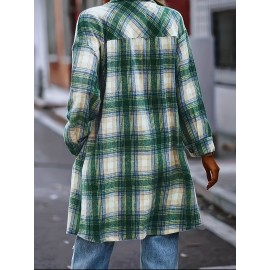 Women's Plus Size Plaid Button-Up Shirt Style Trench Coat, Casual Long Sleeve Open-front Overcoat with Pockets, Vintage-Inspired Polyester Woven All-Season Jacket