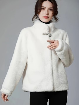 1pc Women'S Plus Size Faux Mink Coat, 100% Polyester Knit Fabric, Stand Collar with Button Closure, Solid Color Long Sleeve Warm Winter Sports Jacket