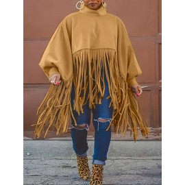 [Plus Size Tassel Top] Plus Size Women's Tassel Top - Vibrant Red Retro Chic Oversized High Neck Long Sleeve Blouse | Batwing Sleeves, Flowy Fabric, Stretchy Machine-Washable | Party & Banquet, Festive Outfit, Fall/Winter Fashion, Casual & Formal Events