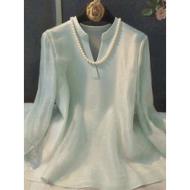 [Plus Size Chiffon Shirt] Plus Size Elegant Long-Sleeve Chiffon Shirt | High-Density, Soft Lining, Flowing Mesh, Henley Neckline, Smooth Tailoring | Spring & Autumn Outings