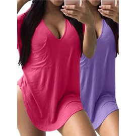 Large Size V-Neck Pocket Irregular Hem Short-Sleeved Top T-Shirt Two-Piece Set