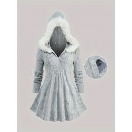 Plus Size - Plus Size Solid Color Surplice Ribbed Textured Fleece Trim Hooded Top