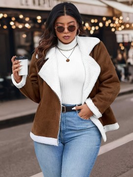 Plus Size Women'S Color Block Lapel Collar Zip-Up Jacket - Warm Fleece-Lined Casual Outerwear with Front Pockets, Solid Color Design for Fall/Winter, Cozy Layering Piece, Winter Jacket, Fall Fashion, Sporty Style, Durable Fabric
